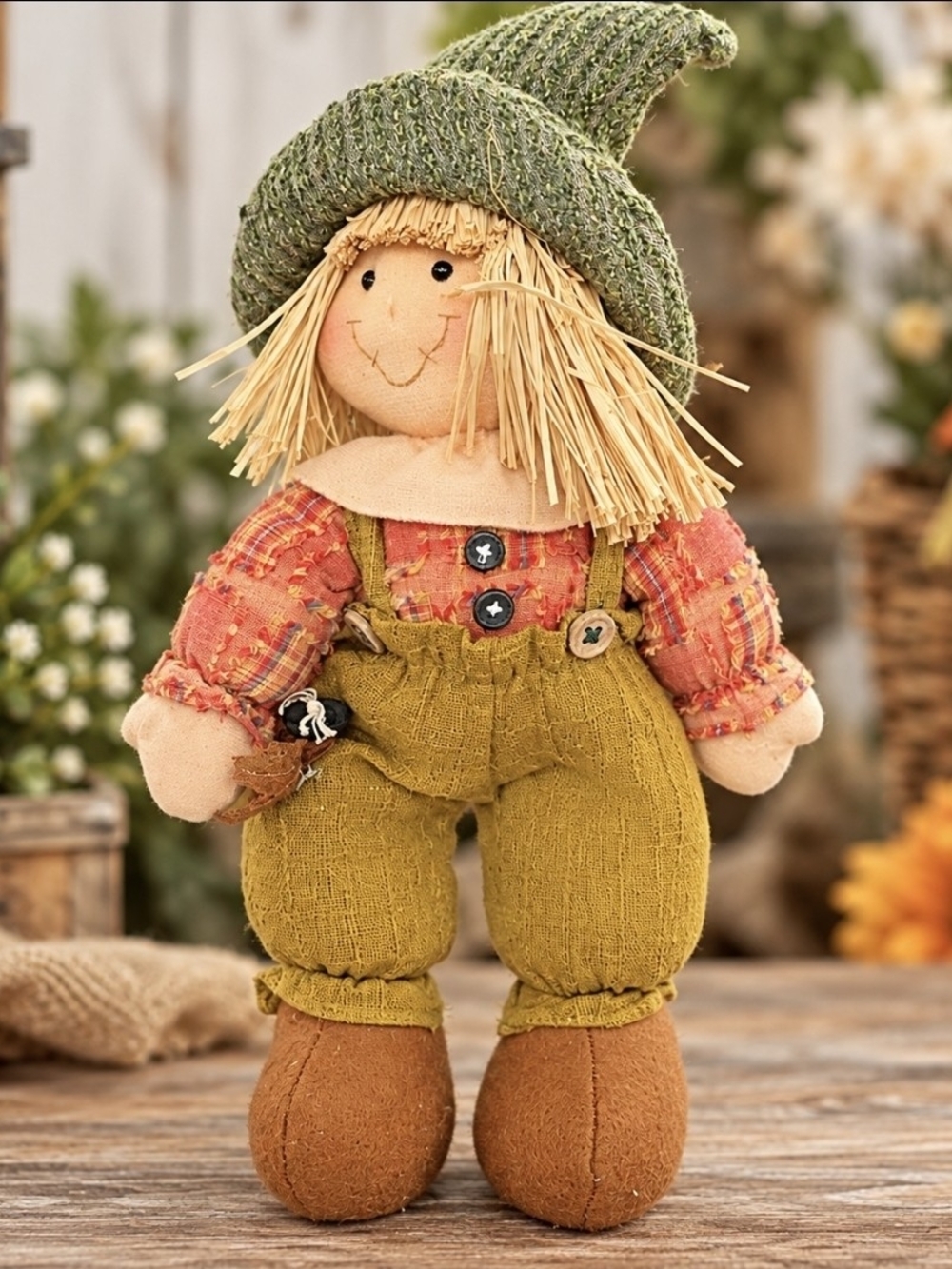 Green-Hat Fall Scarecrow Plush Décor Doll by